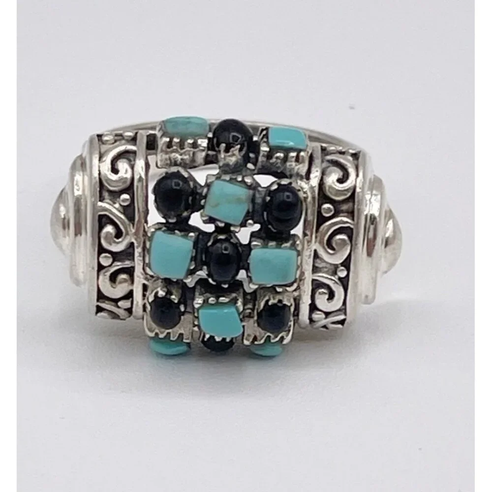 Sterling Silver Ring 925 Turquoise Black Onyx Grid Design Vintage Boho Size 8.5